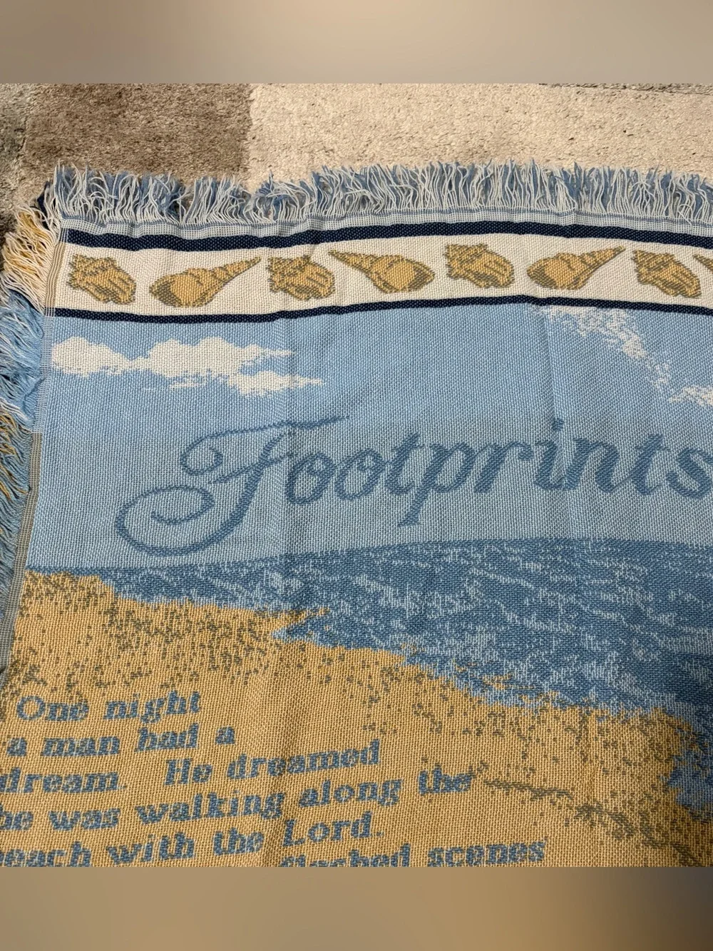 Vtg Footprints/Walk with Thee Jacquard Woven Throw Blanket Tapestry Style 51x41